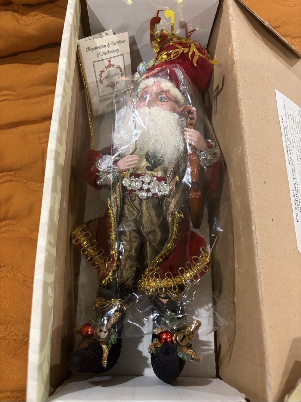 Mark Roberts Red and Gold Santa violinist with Cream Beard and Jewel Trim